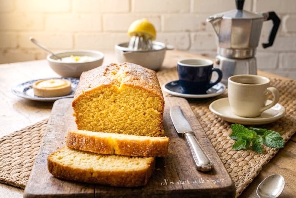 Un plumcake soffice allo yogurt e limone senza burro, tagliato a fette su un tagliere di legno, con tazze di caffè e una moka sullo sfondo.