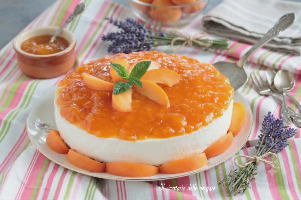 Torta fredda allo yogurt e albicocche senza cottura decorata con fettine di albicocca fresca