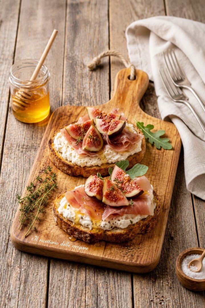 Inquadratura verticale di una bruschetta gourmet con fichi freschi e prosciutto crudo.