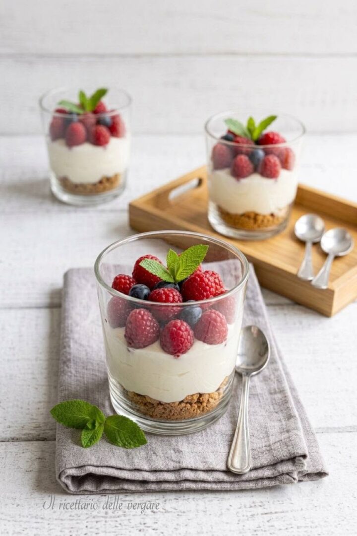 Inquadratura verticale di una cheesecake al bicchiere con mousse allo yogurt e lamponi.