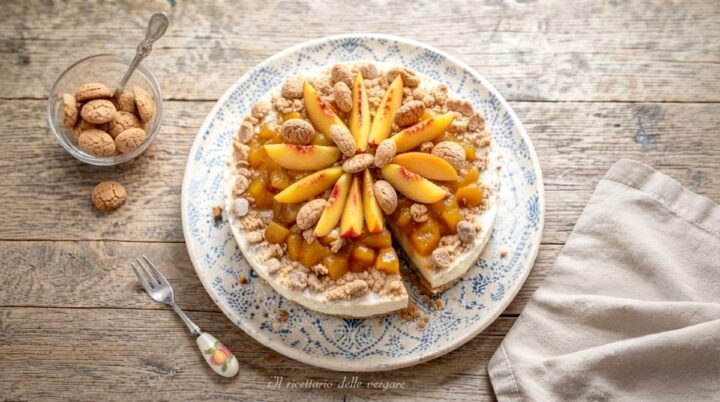 Cheesecake fredda con pesche fresche e amaretti sbriciolati