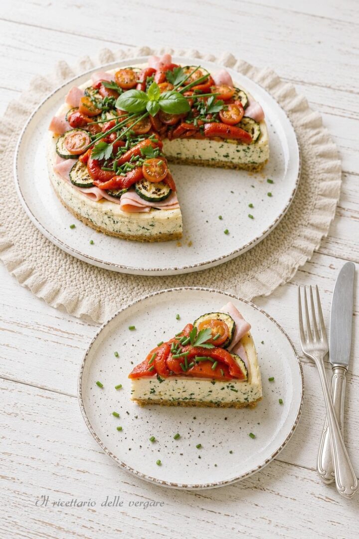 Una fetta di cheesecake salata alla ricotta servita su un piattino, con la torta intera sullo sfondo.