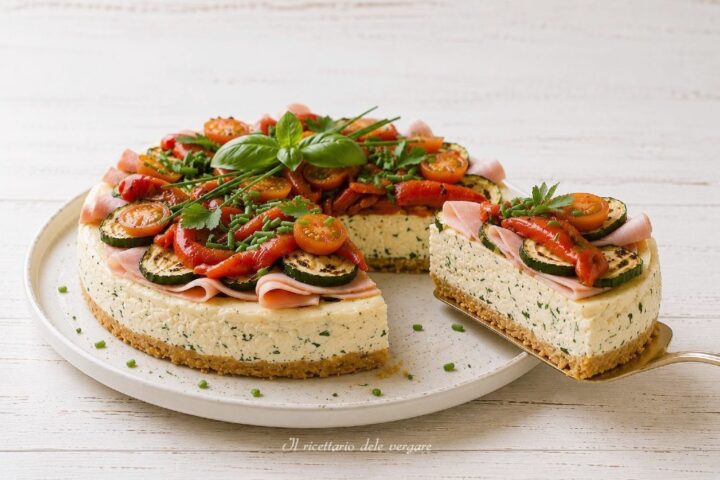 Cheesecake salata con crema di ricotta, decorata in superficie con prosciutto cotto, zucchine, peperoni grigliati e pomodorini.