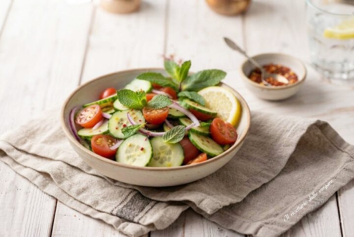  Scrivi Insalata di cetrioli e pomodorini freschi con menta