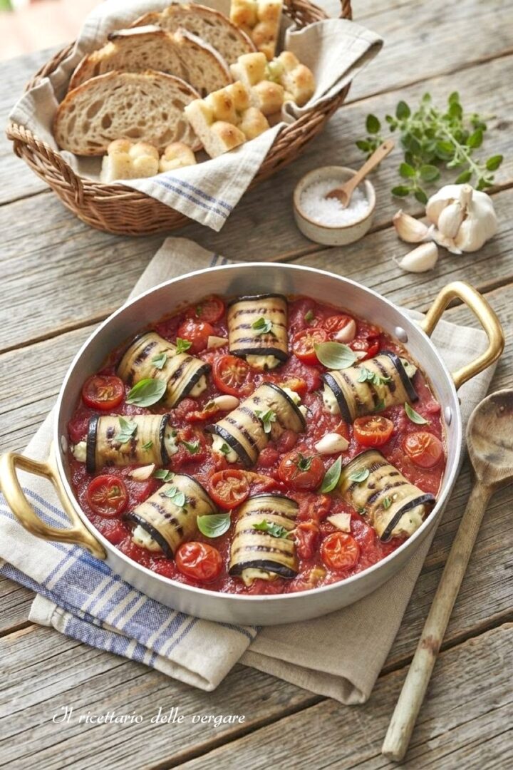 Involtini di melanzane con feta e pomodorini in teglia, ricetta estiva facile.