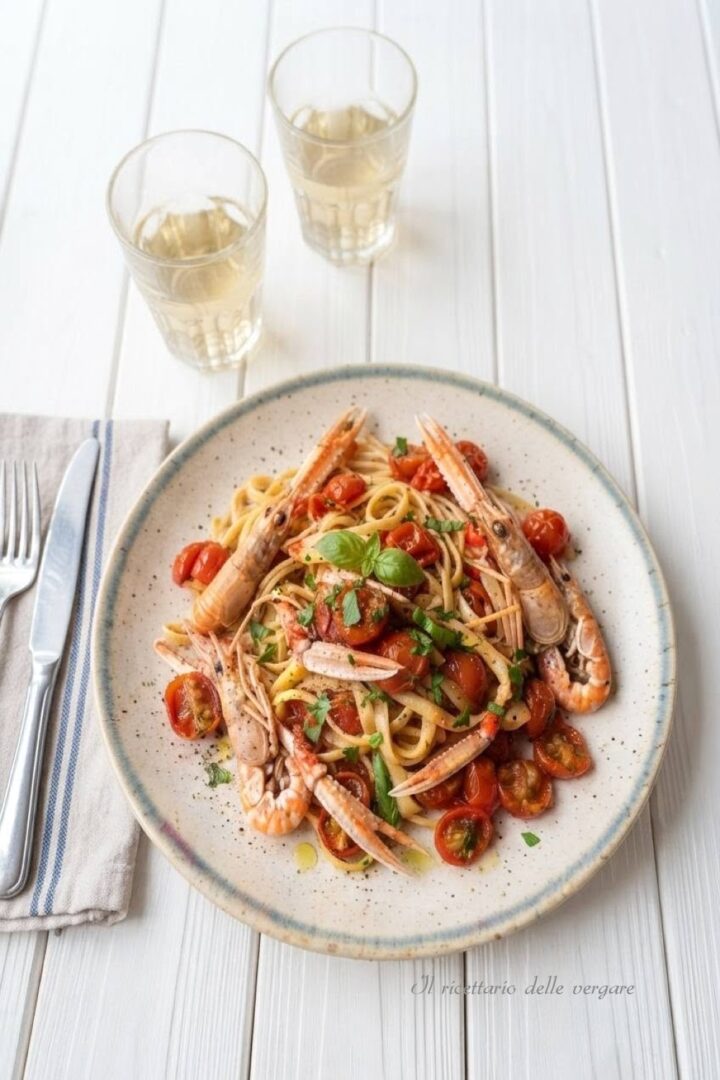 Linguine agli scampi e pomodorini in un piatto visti dall'alto