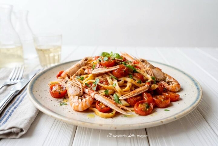 Piatto di linguine agli scampi e pomodorini freschi servito in tavola