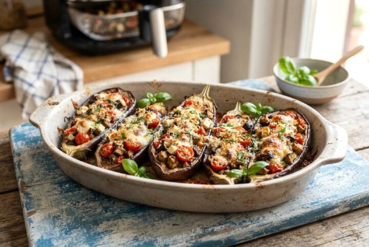 Pirofila con dentro melanzane ripiene filanti cucinate nella friggitrice ad aria
