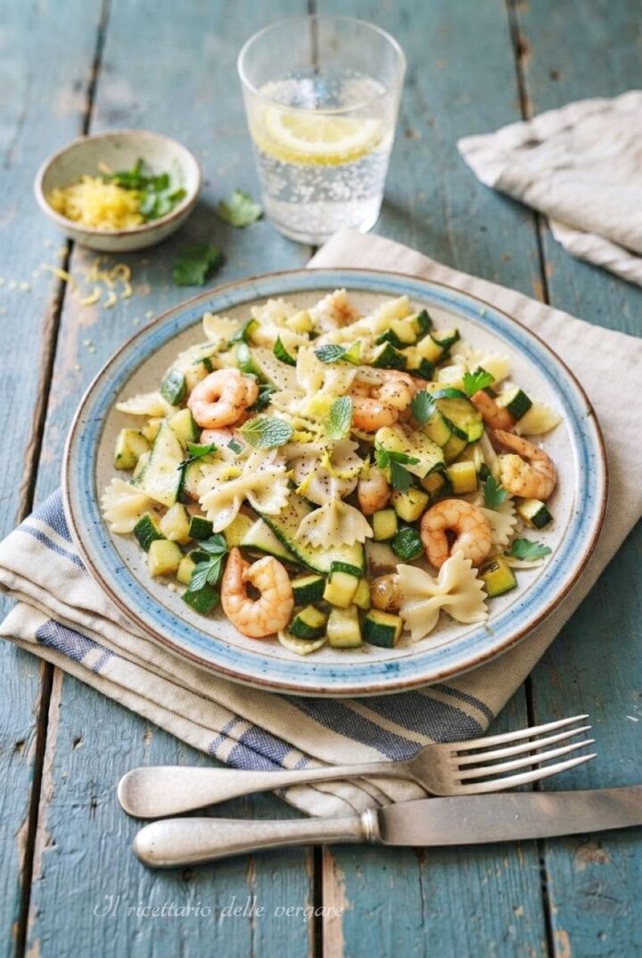 Pasta fredda con gamberetti e zucchine servita in un piatto