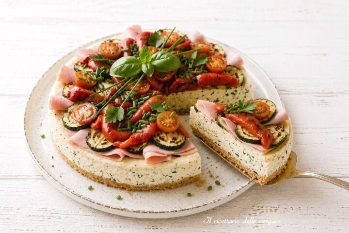 Cheesecake salata estiva con ricotta e verdure grigliate presentata su un tagliere di legno chiaro.