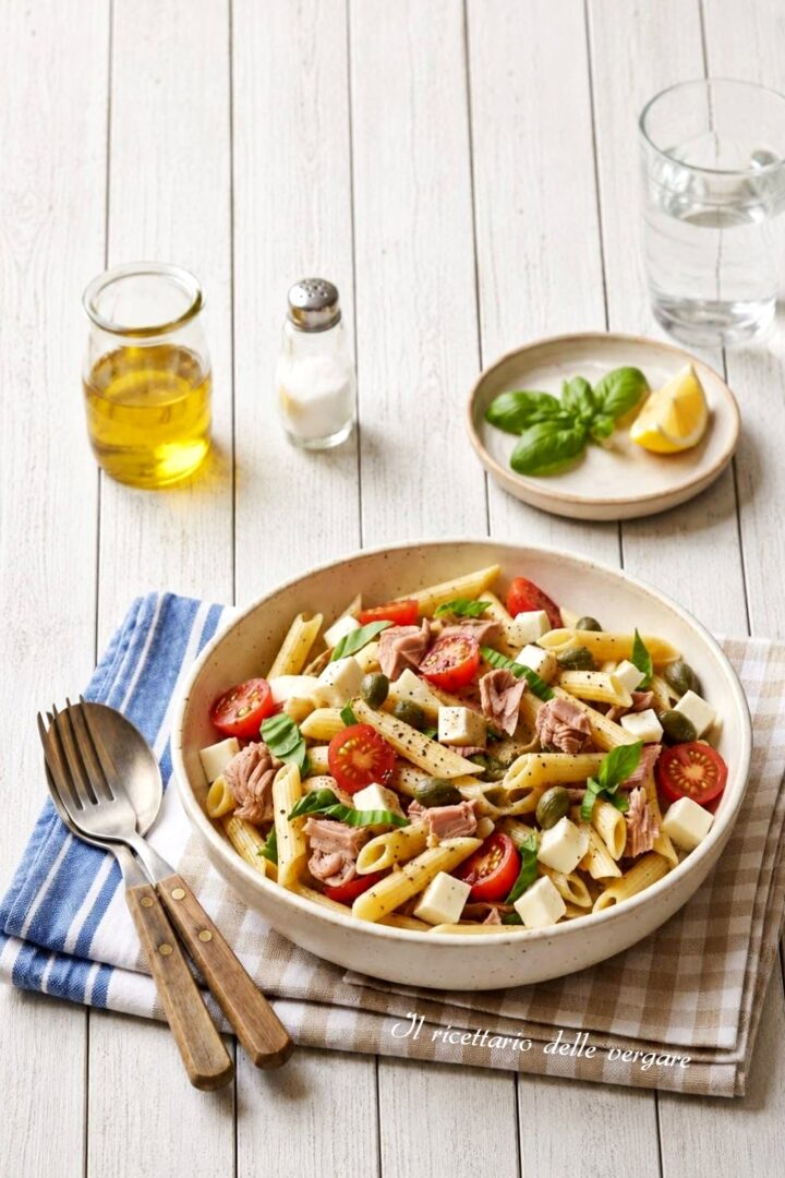 Inquadratura dall'alto di un piatto di pasta fredda estiva veloce con ingredienti mediterranei