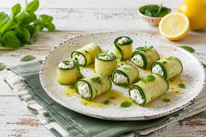 Piatto da portata con rotolini di zucchine crude marinate disposti in verticale, farciti con crema di ricotta e menta fresca, conditi con olio EVO.