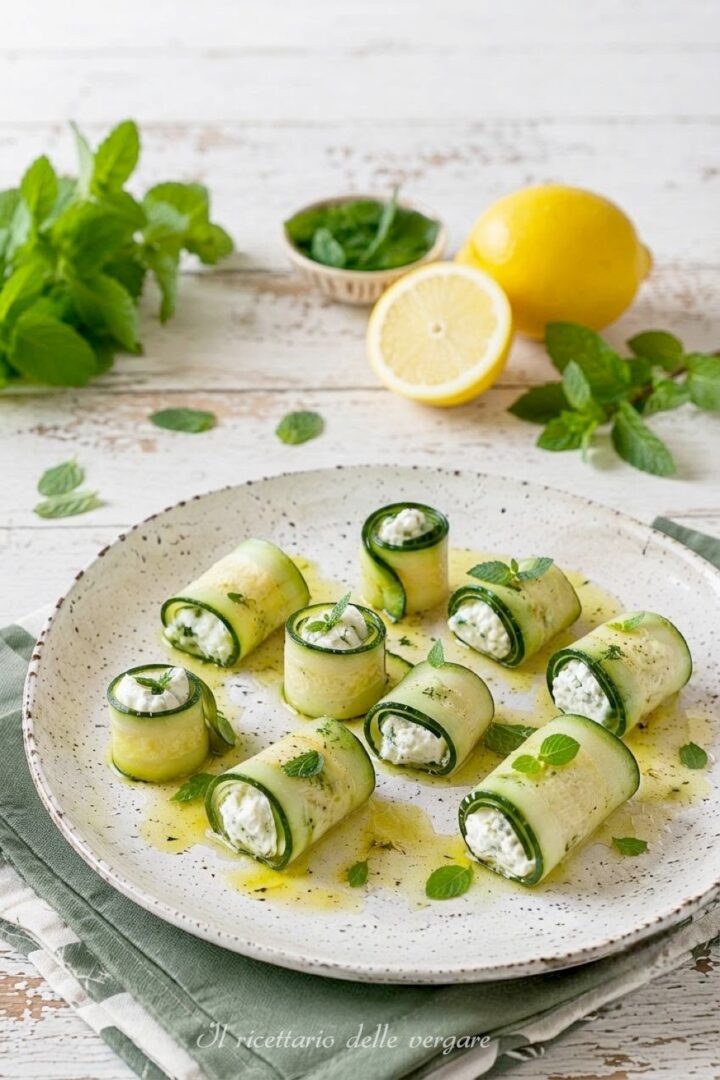Inquadratura verticale di un piatto con rotolini di zucchine crude marinate e farcite con ricotta, con limoni e menta fresca disposti sullo sfondo in alto.