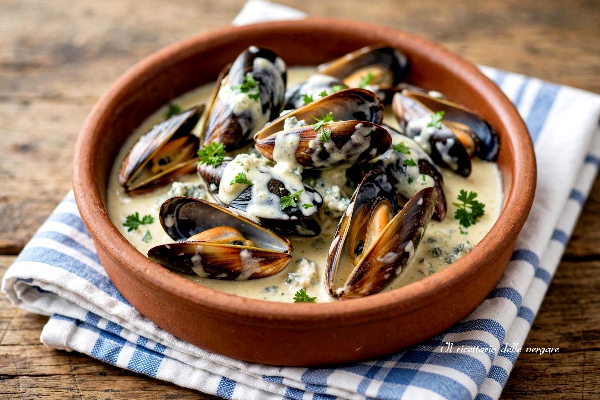 Un piatto in terracotta con cozze al Roquefort avvolte da una crema bianca al formaggio e guarnite con prezzemolo fresco.