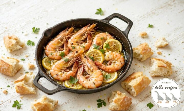 Gamberoni in padella al limone e aglio serviti in un tegame di ghisa con fette di pane rustico