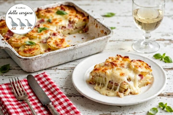 Una porzione filante di parmigiana di patate con speck e provola servita su un piatto bianco, con la pirofila sullo sfondo.