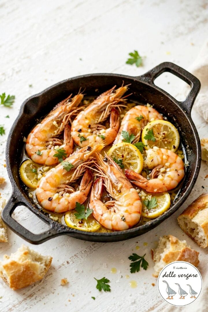 Dettaglio dei gamberoni cotti in padella con aglio, limone, prezzemolo fresco e pezzi di pane