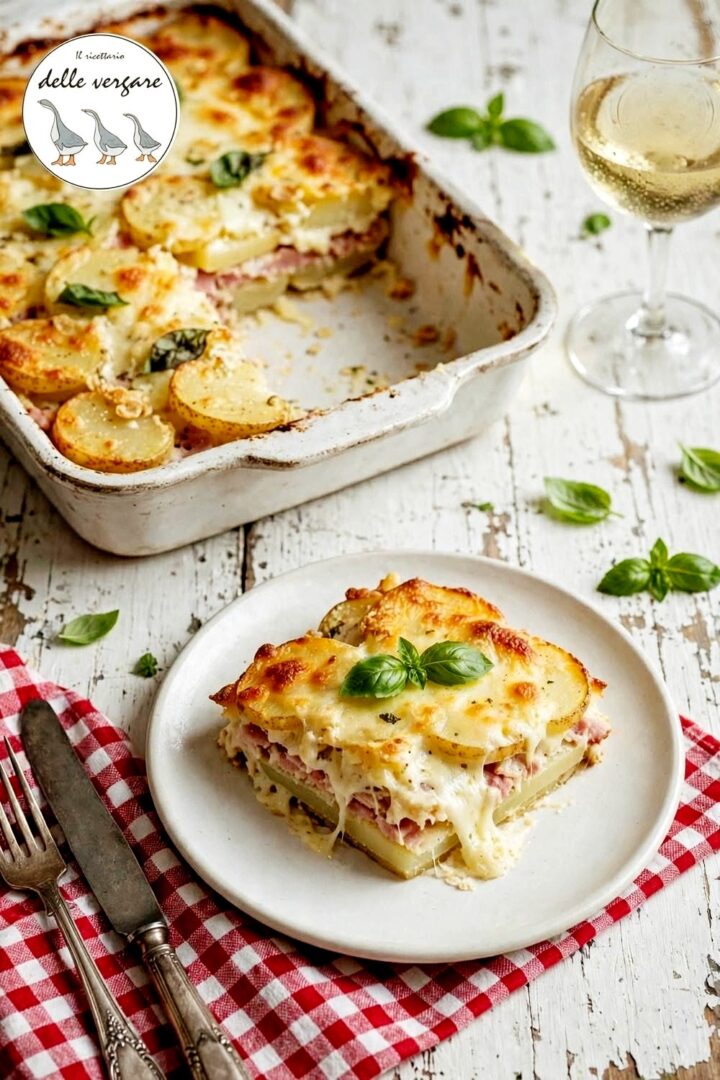 nquadratura verticale dall'alto di una porzione quadrata di parmigiana di patate con speck e provola filante.