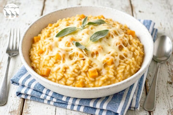Un piatto di risotto cremoso alla zucca con taleggio filante in superficie, guarnito con foglioline di salvia fresca, servito in una ciotola bianca.