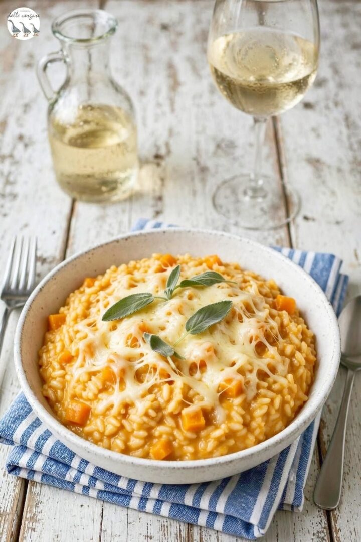Risotto alla zucca e taleggio filante servito in tavola accanto a un bicchiere e una caraffa di vino bianco fermo.