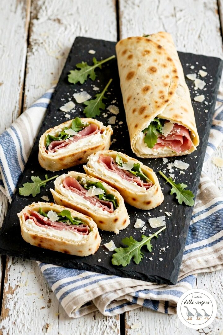 Dettaglio inquadratura verticale delle girelle di piadina fredda con bresaola, rucola e parmigiano