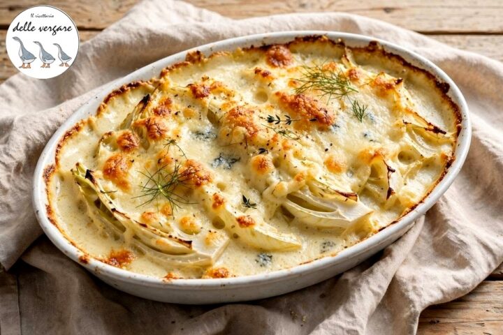 Teglia di finocchi gratinati al forno con gorgonzola filante e ciuffi di finocchietto selvatico