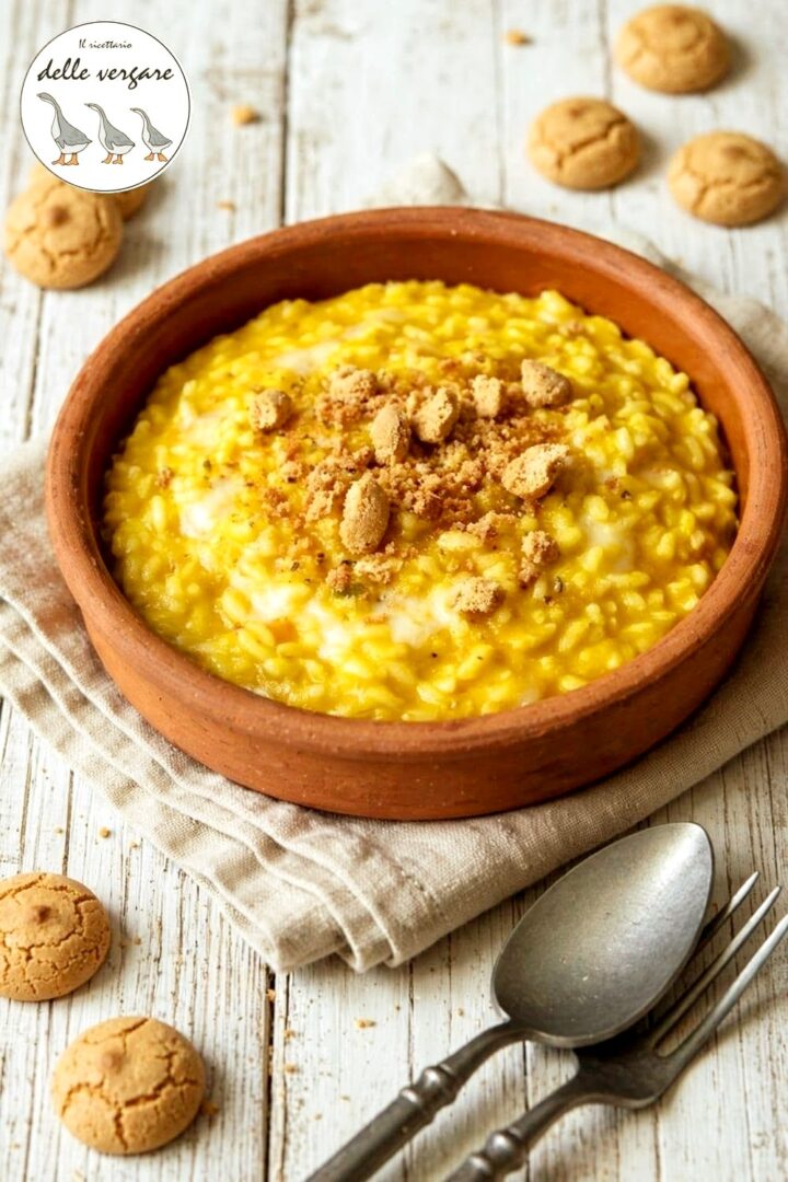 Inquadratura verticale del risotto alla zucca mantecato con taleggio e guarnito con amaretti sbriciolati.