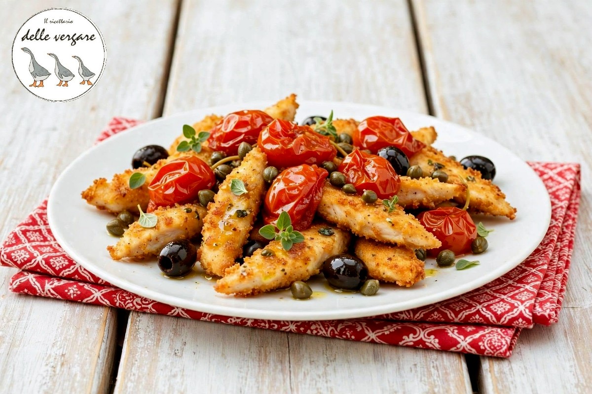traccetti di pollo alla mediterranea con pomodorini e olive neri
