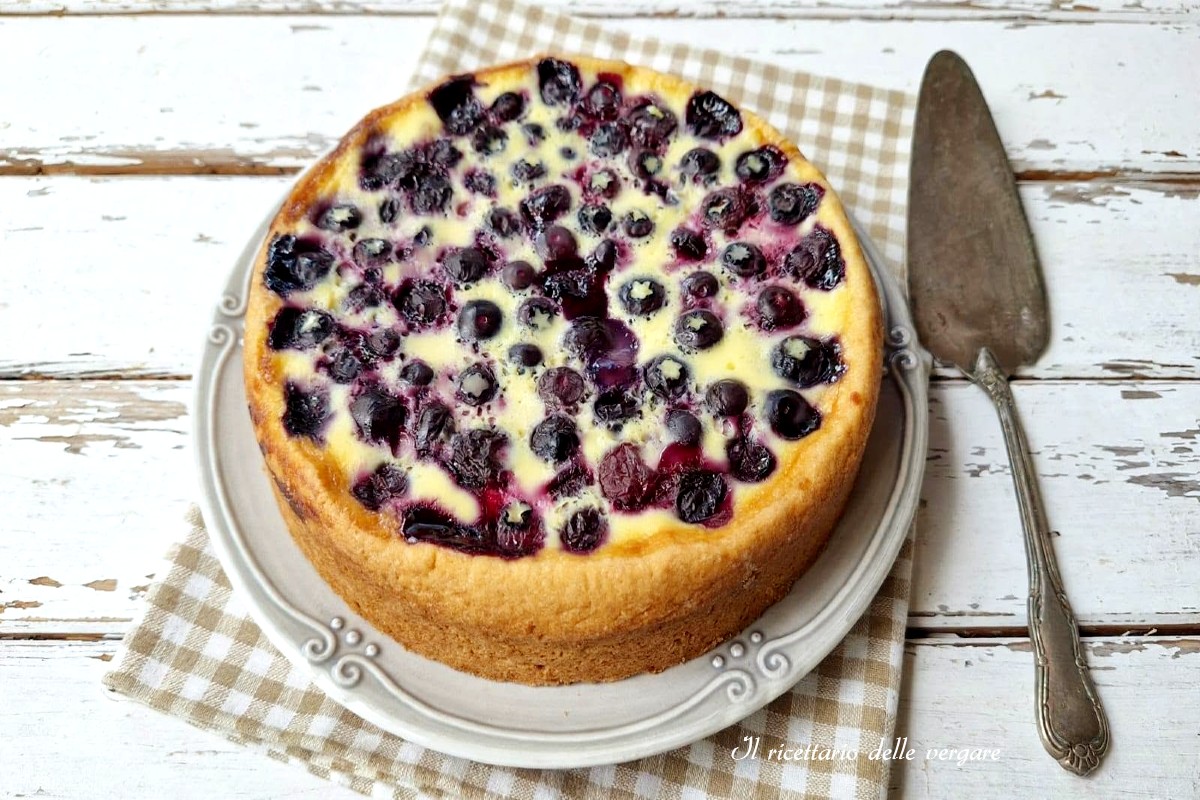 Torta ai mirtilli e panna acida servita su un piatto bianco con una paletta per dolci accanto