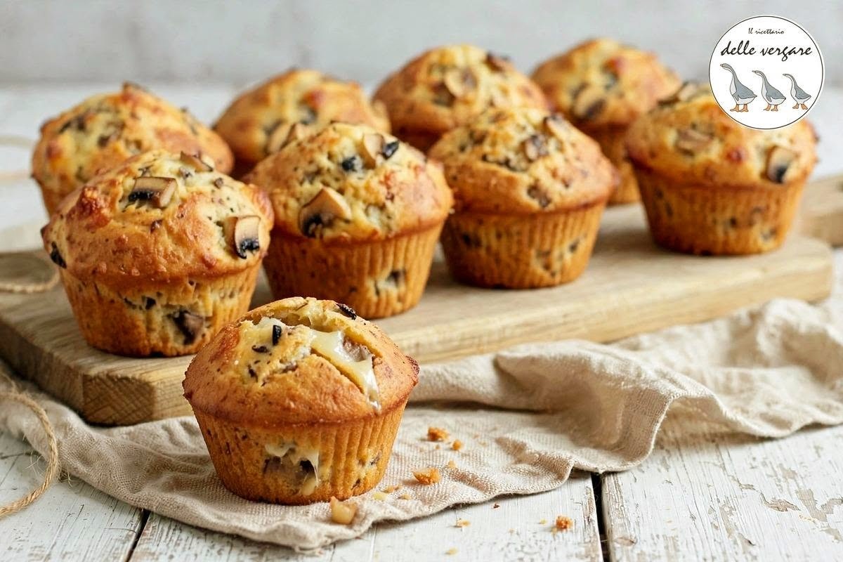 Muffin salati ai funghi e scamorza affumicata filante disposti su un tagliere in legno