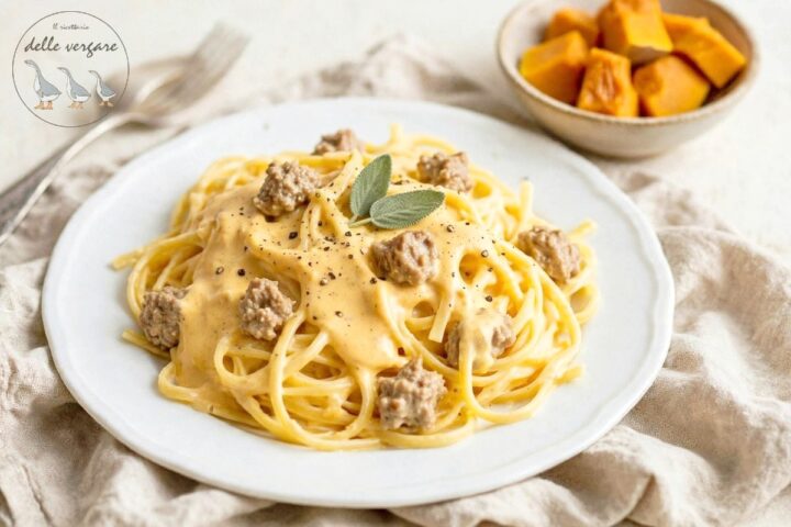 Un piatto di pasta fresca condita con una cremosa crema di zucca, bocconcini di salsiccia e foglie di salvia fresca.

