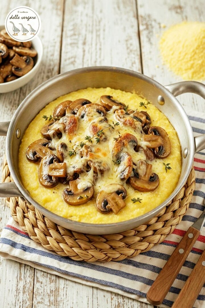 Inquadratura verticale in primo piano di un padellino di metallo con polenta calda, funghi champignon trifolati e formaggio fuso filante gratinato.