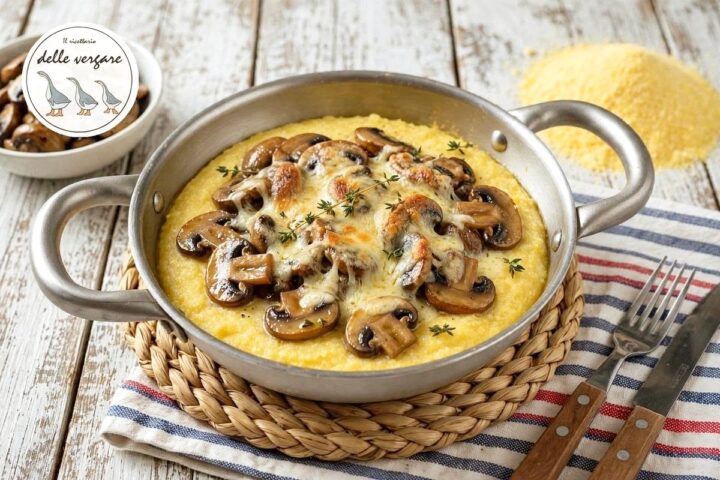 Una padellina in metallo contenente polenta calda condita con funghi champignon trifolati e formaggio fuso gratinato, guarnita con foglioline di timo.
