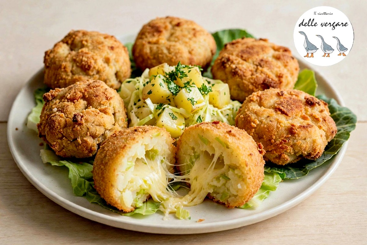 Polpette di patate e verza dorate al forno disposte su un piatto da portata