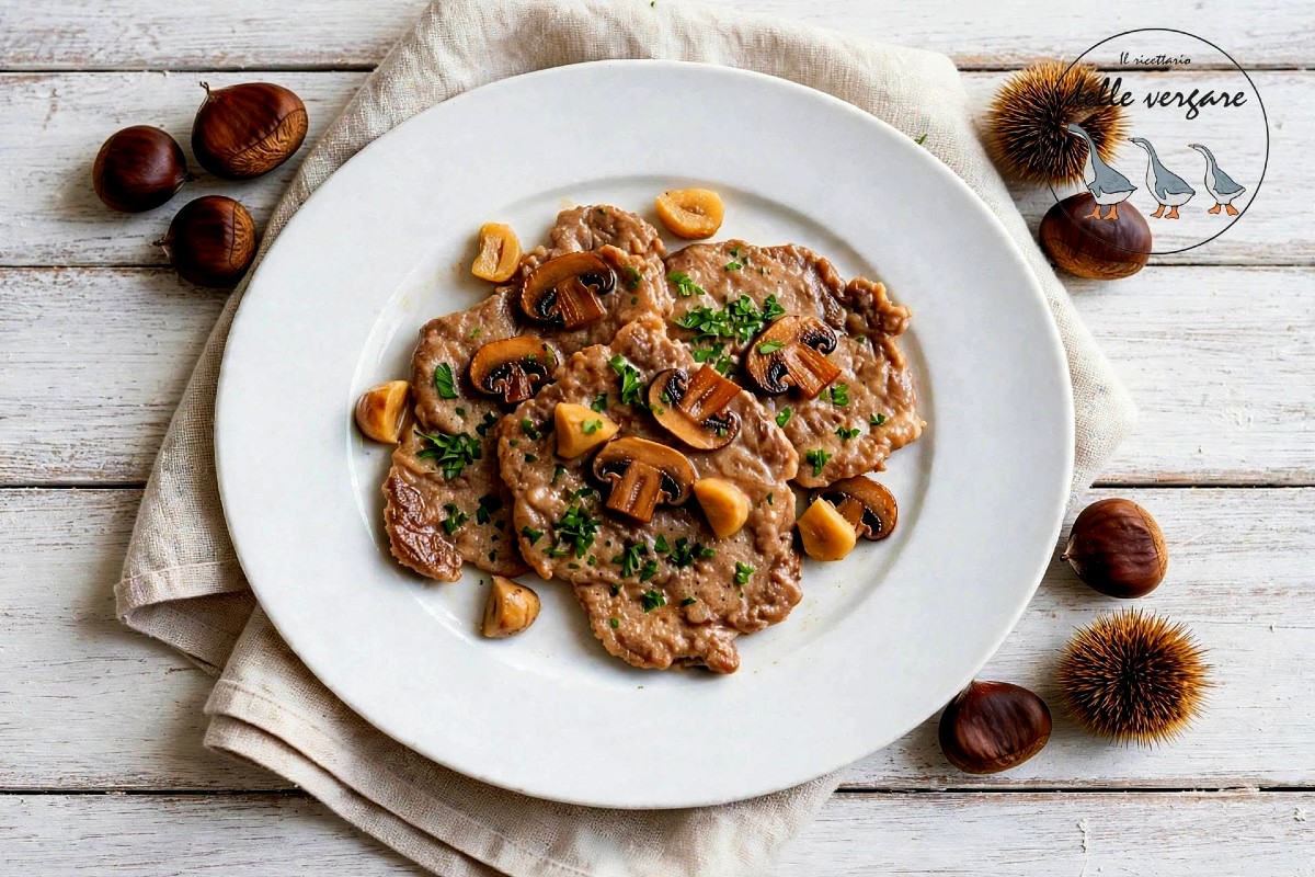Piatto di scaloppine funghi e castagne cremose decorate con prezzemolo tritato