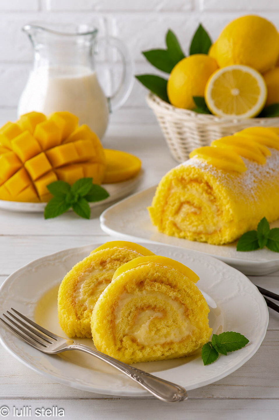 "Fetta di rotolo senza glutine con crema pasticcera al limone e mango fresco"