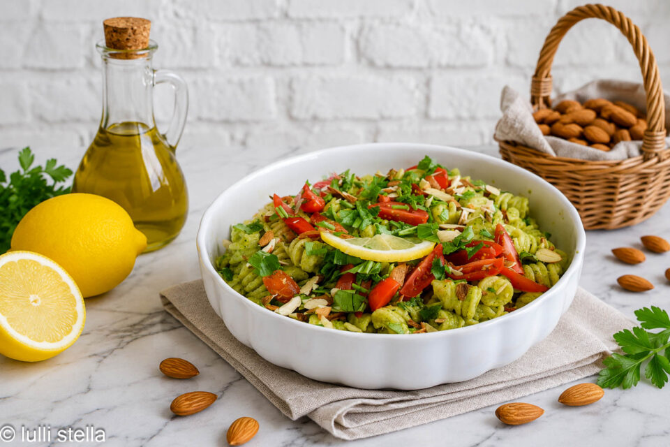 "Primo piano della pasta fredda con pesto di zucchine e pomodorini freschi"