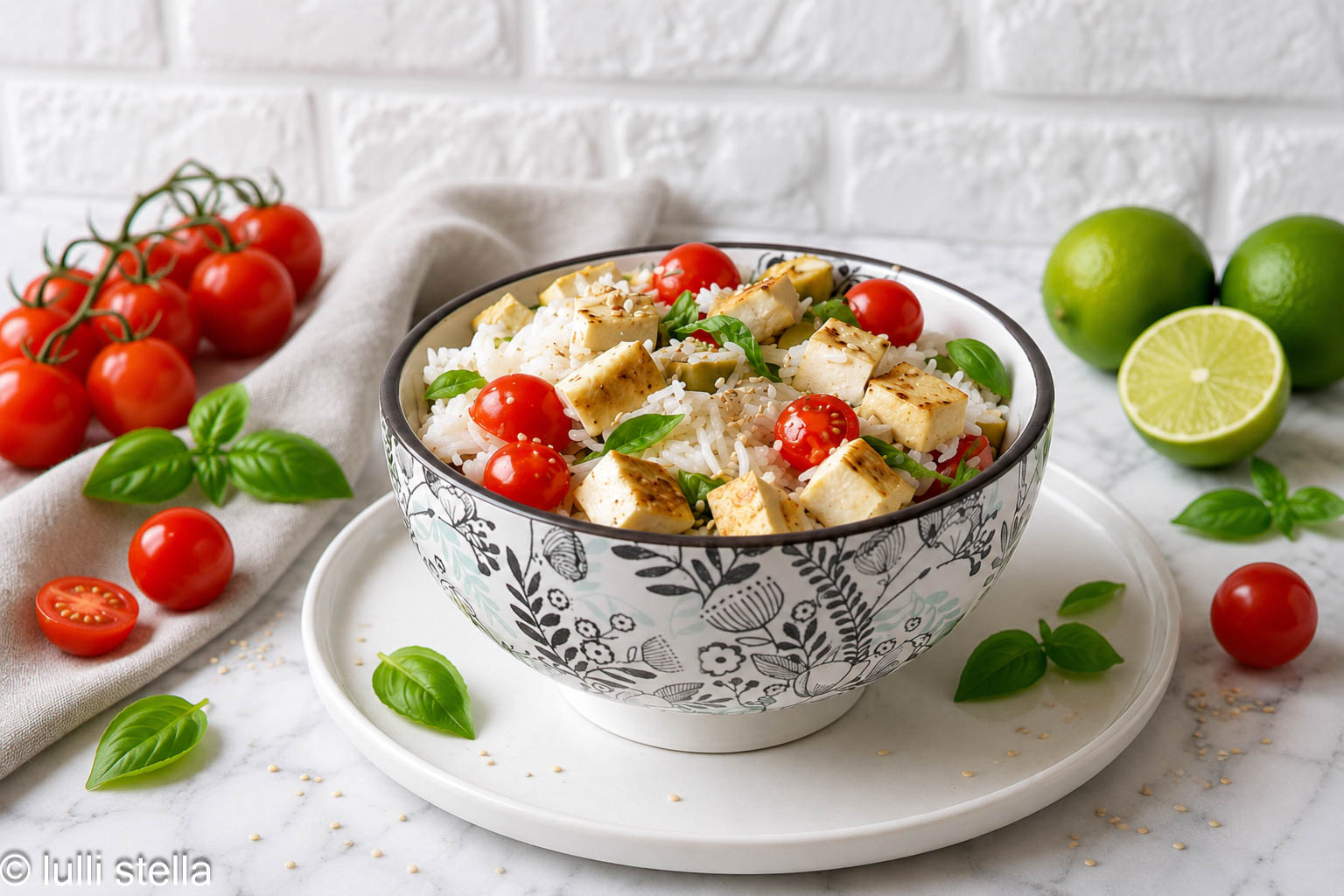 Dettaglio dell'insalata di riso con tofu, cetrioli croccanti, pomodorini, basilico, lime e semi di sesamo, un piatto estivo fresco e ricco di proteine vegetali.
