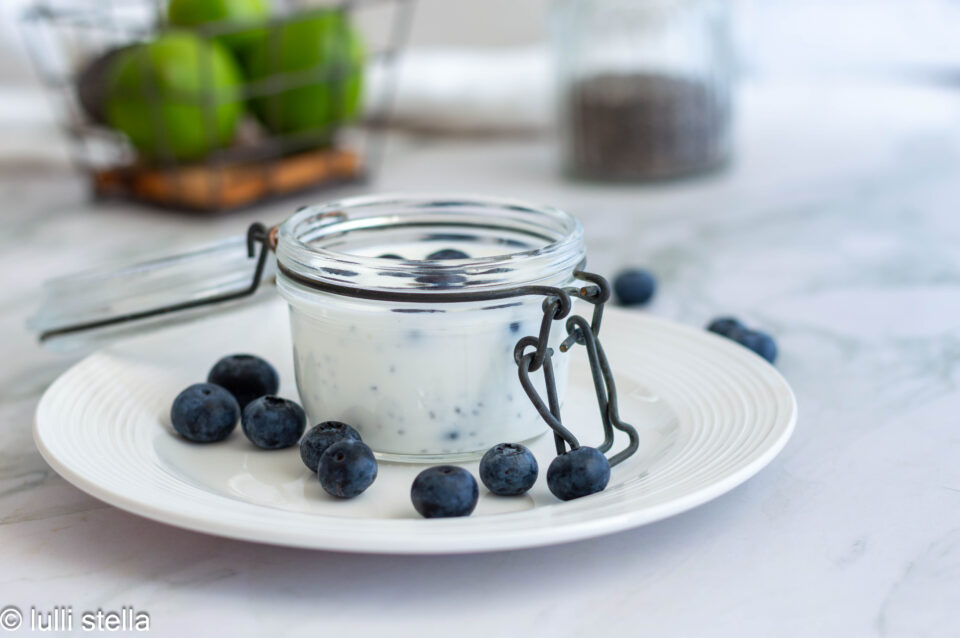 Ingredienti per preparare il chia pudding al latte di cocco Paleo con semi di chia e mirtilli