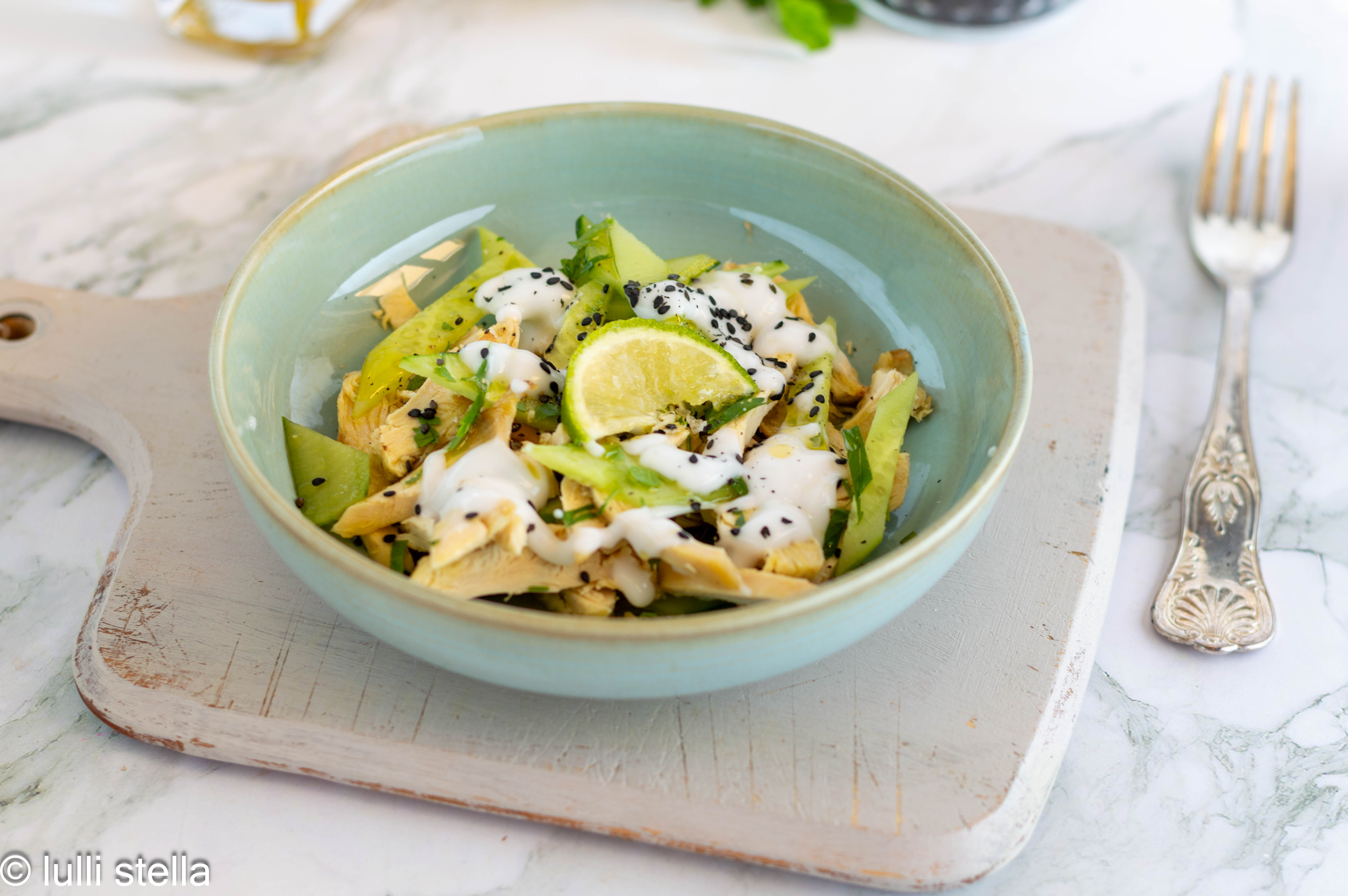 Dettaglio dell'insalata di pollo con cetrioli e salsa allo yogurt di cocco