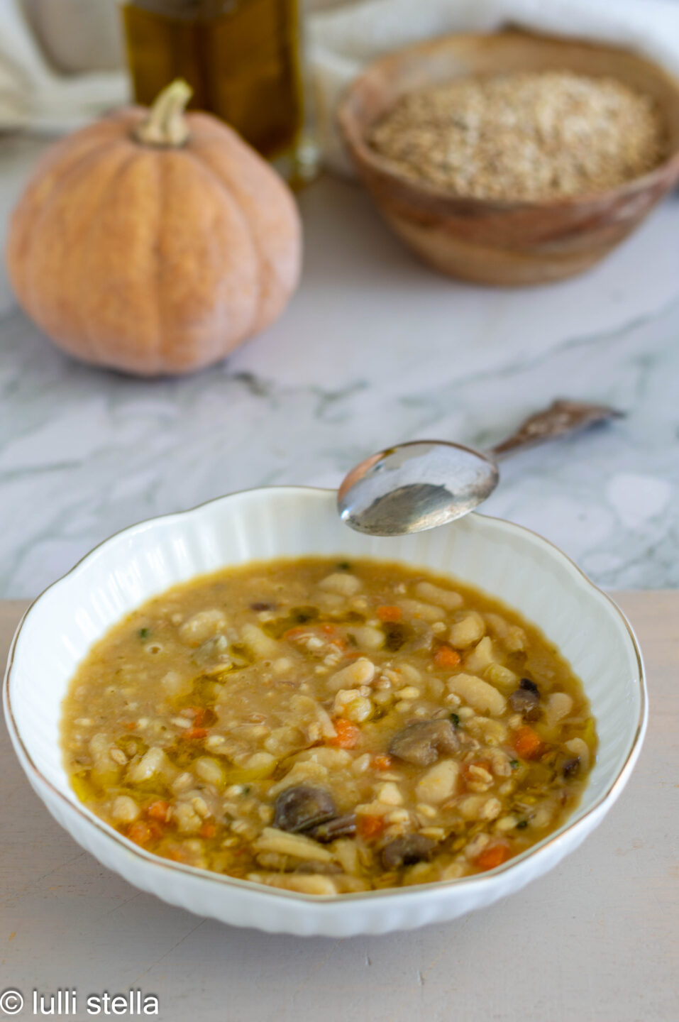 Zuppa di orzo, zucca, fagioli e funghi servita nel piatto