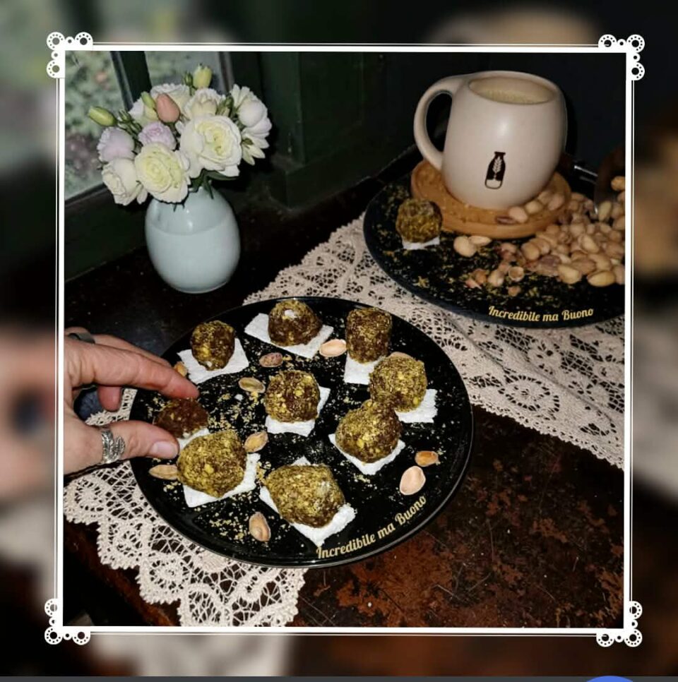 Tartufini con okara di pistacchi e cacao, vegani e senza glutine