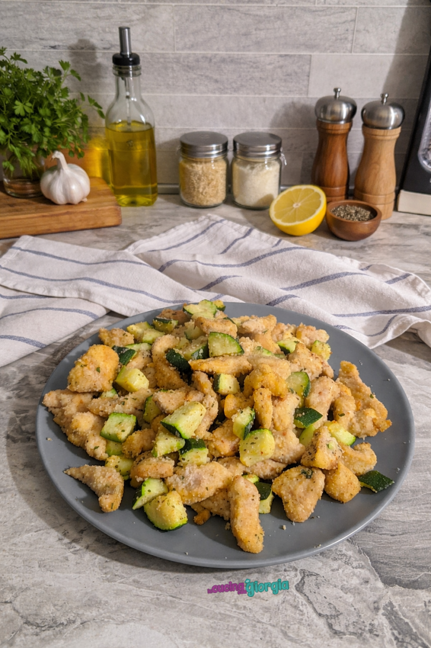 Bocconcini di pollo e zucchine in friggitrice ad aria