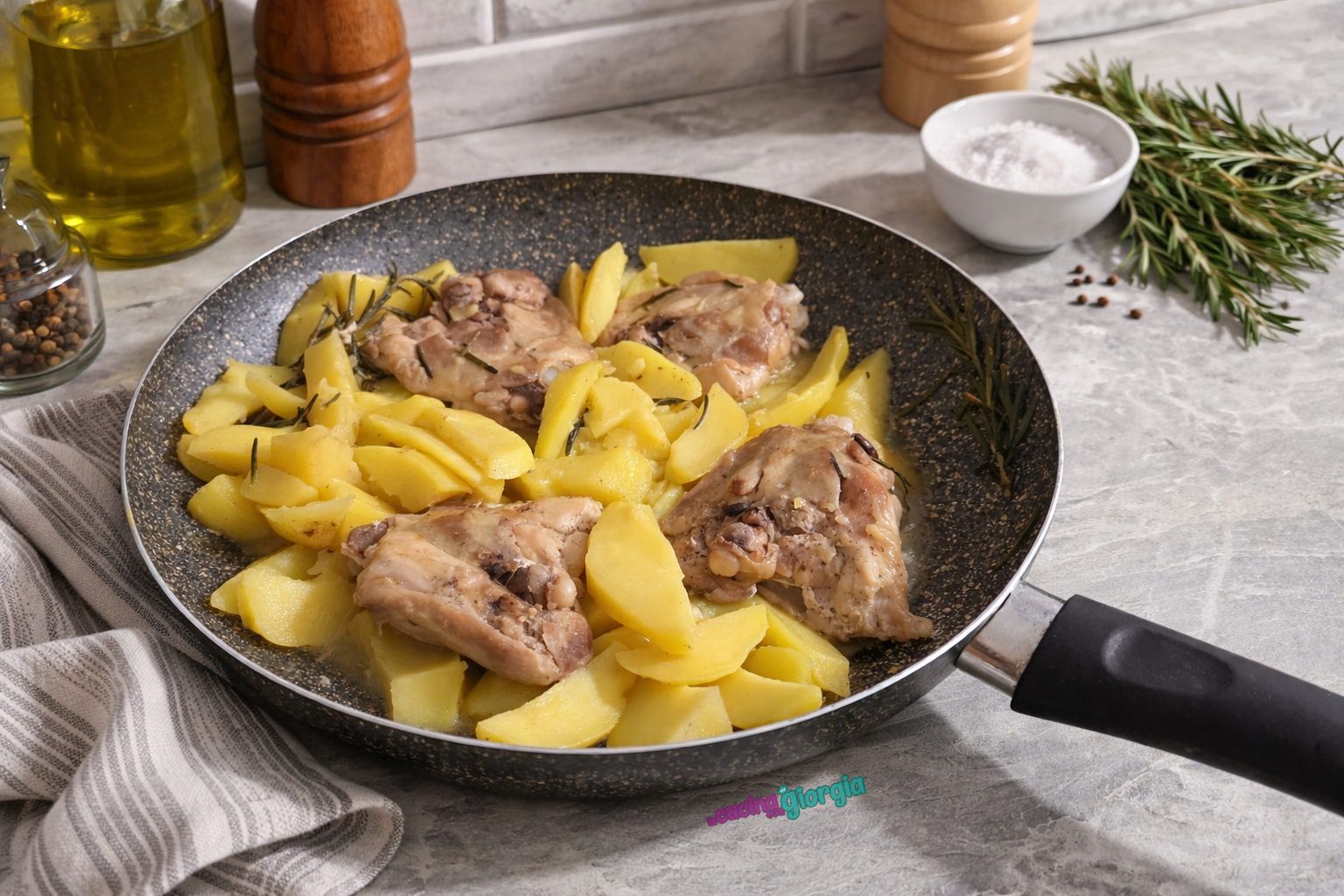 Pollo con patate in padella