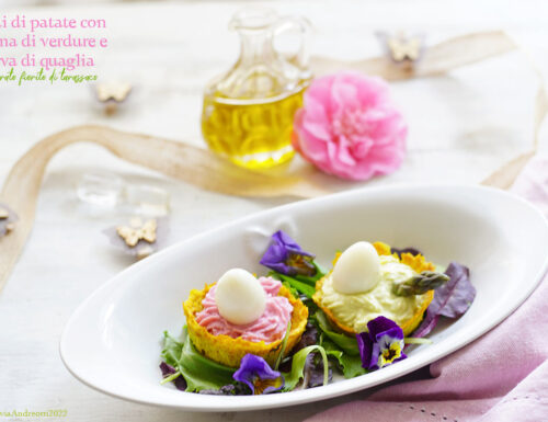 Nidi di patate con crema di verdure colorate e uova di quaglia su prato fiorito di tarassaco