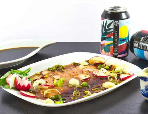 Carpaccio di Pesce Spada con Dressing Ponzu da degustare con Birra Almyros Gose disponibile su 1001Birre.it