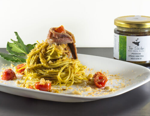 Tagliolini con Pesto al Finocchietto Selvatico Azienda Tre Sicilie con Pinoli e Acciughe