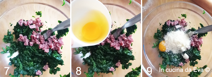 Preparazione-della-farcia-con-gli-spinaci-uova-formaggio-e-salame