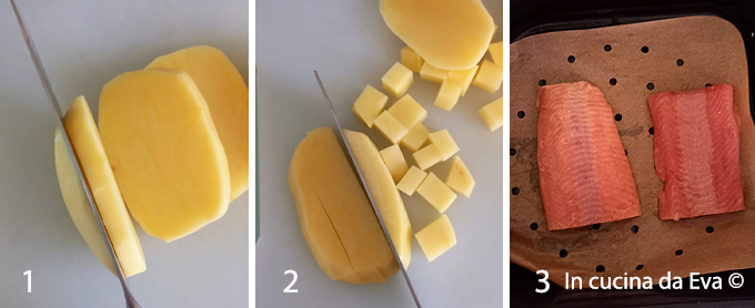 Preparazione delle patate tagliate a cubetti e del salmone