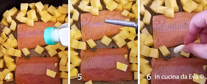 Regolare di sale ed olio e cuocere il salmone con le patatine